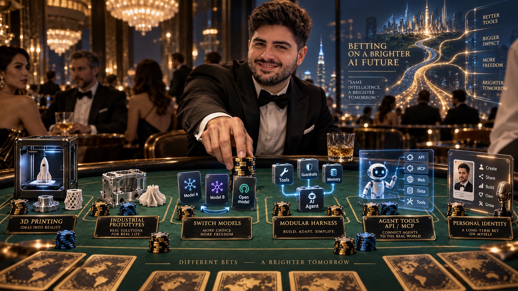 Different bets on AI, from 3D printing and interchangeable models to modular agents and personal identity, illustrated on a casino table.